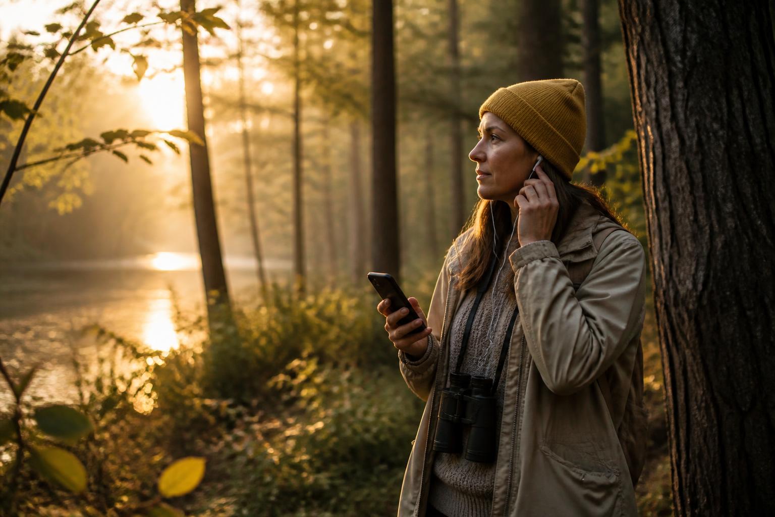 app for bird sounds: Birder using a phone in a quiet forest while listening for bird calls