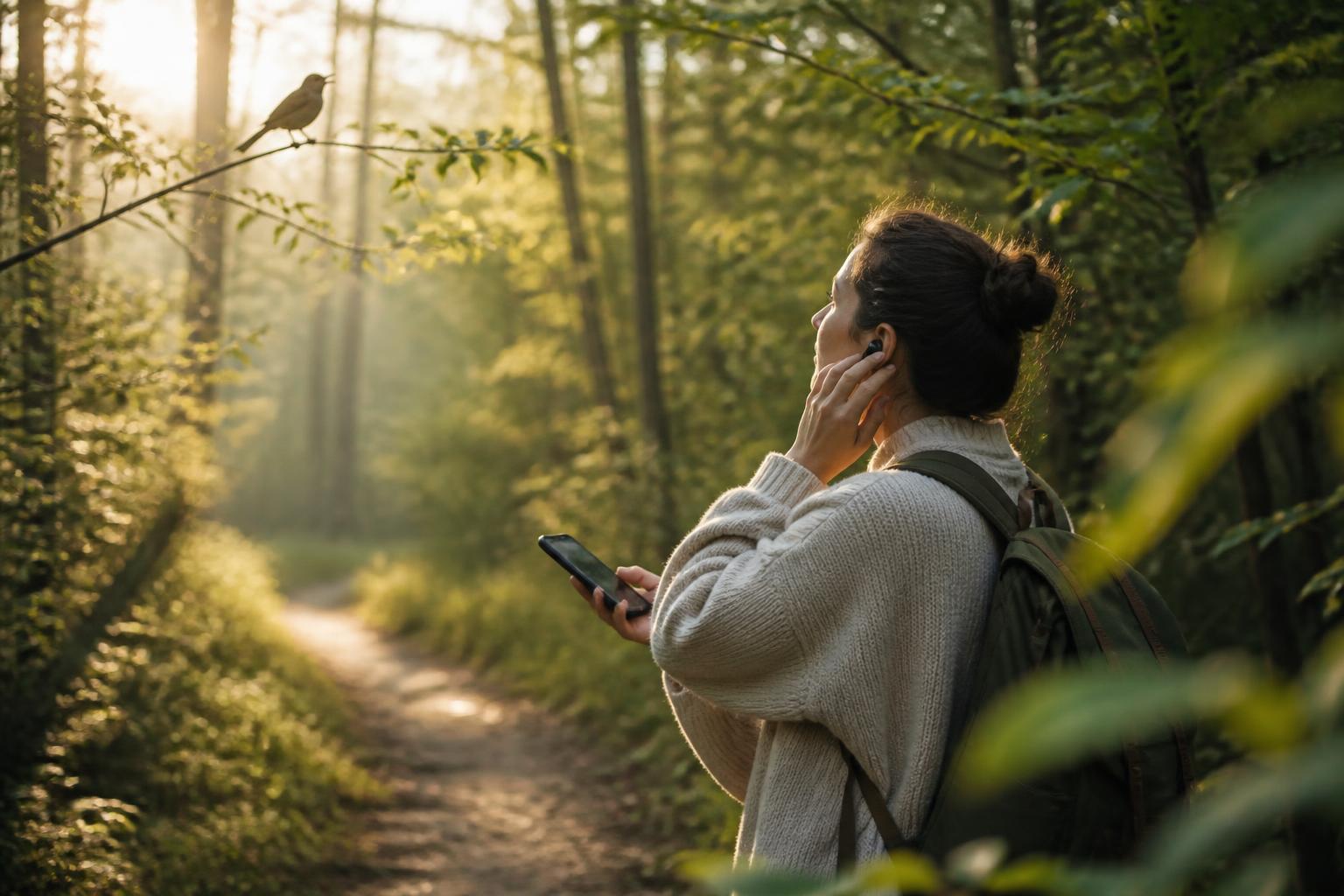 app for identifying birdsong: Birdwatcher using a phone on a quiet wooded trail at sunrise.