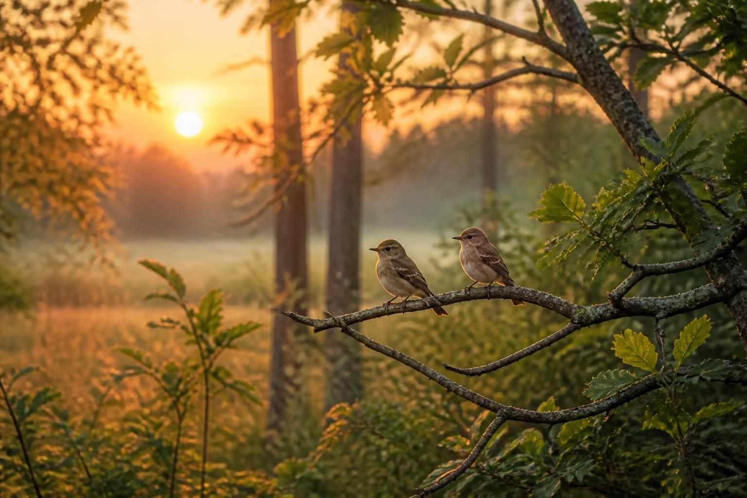 Two small birds perched in soft dawn light along a woodland edge