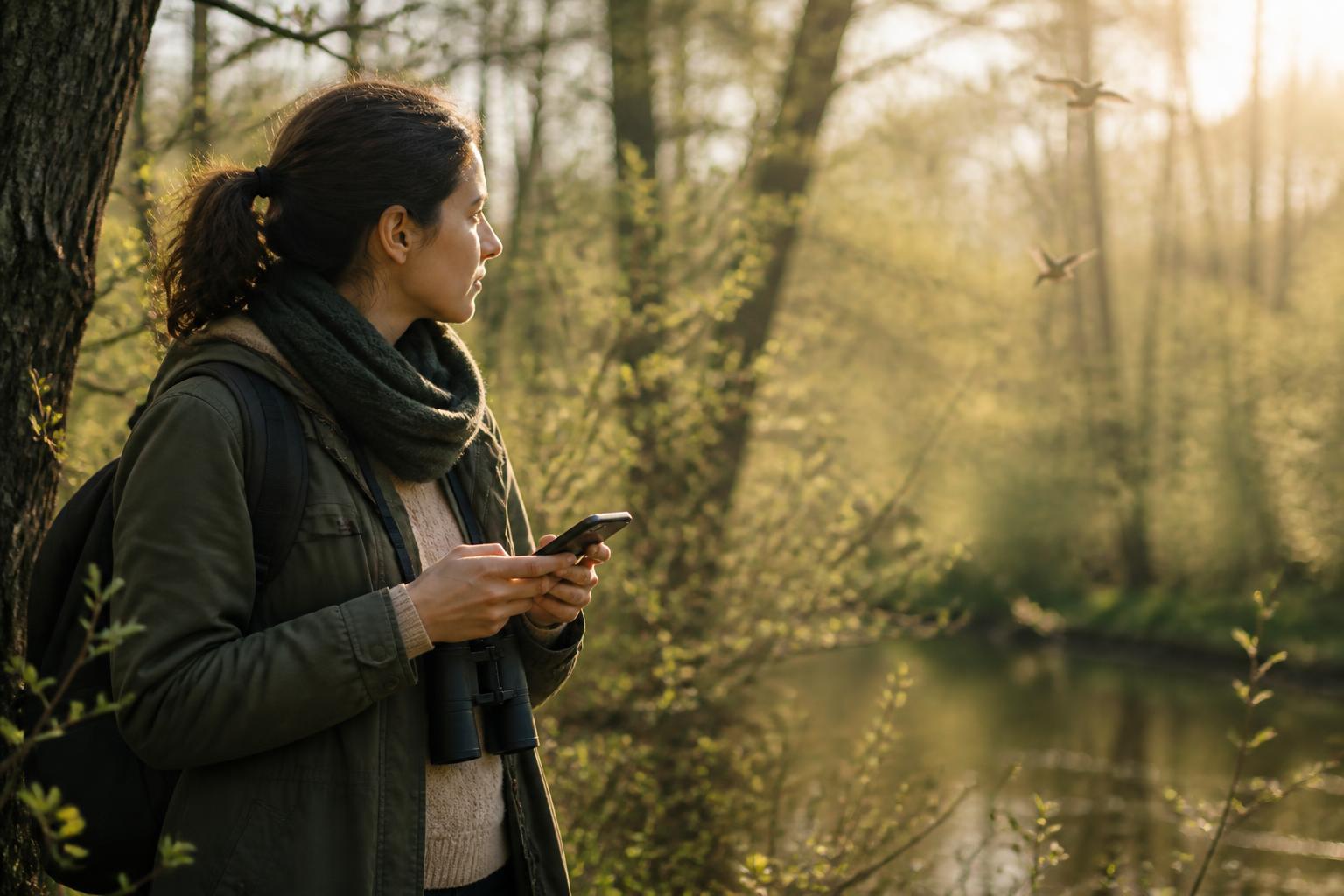 bird species identifier: Birder using a phone to identify birds in a calm wooded setting