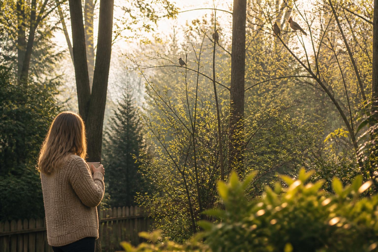 birds near me: A person observing birds in a quiet backyard at dawn