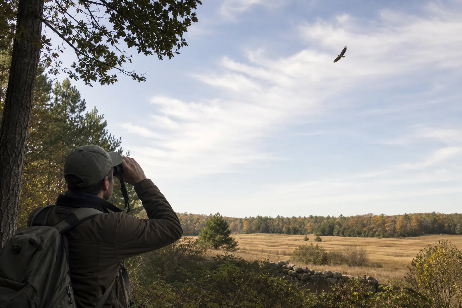 Birdwatcher observing a distant raptor soaring over woodland and an open field.