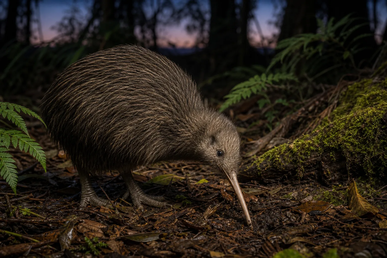 Kiwi bird probing leaf litter with its long bill in a New Zealand forest.