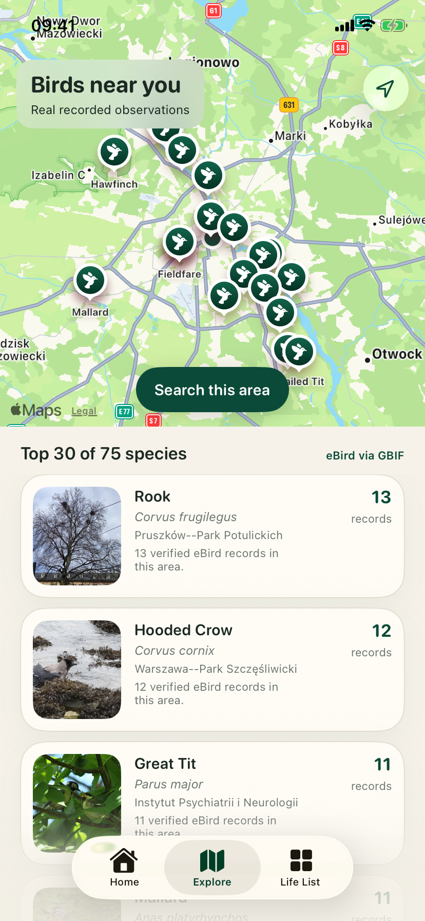 Orniqa map showing nearby bird sightings and species cards