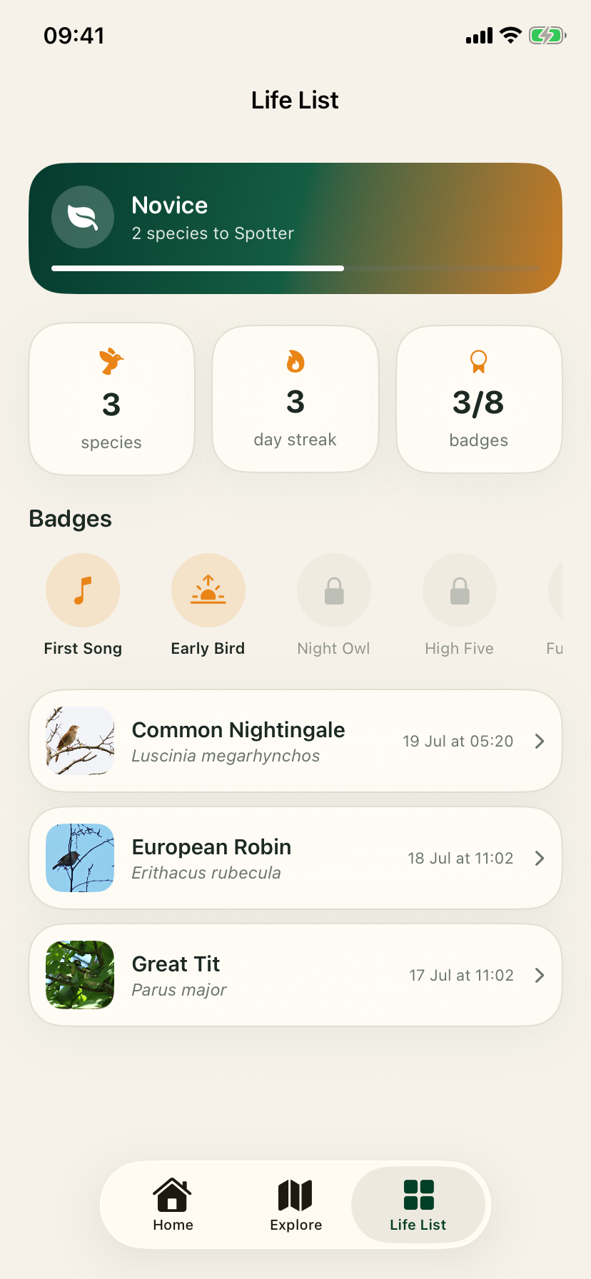 Orniqa Life List with saved bird discoveries