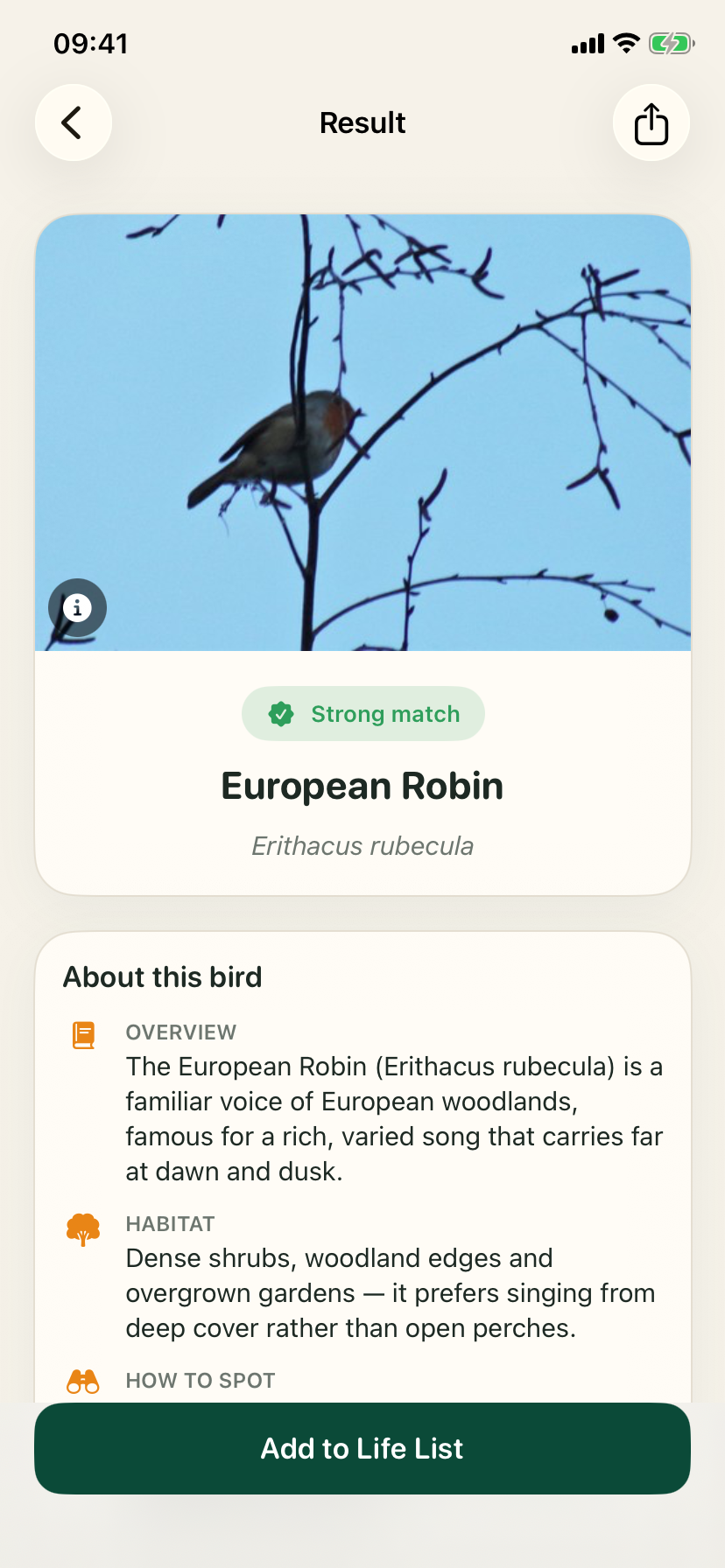 Orniqa bird identification result showing a European robin